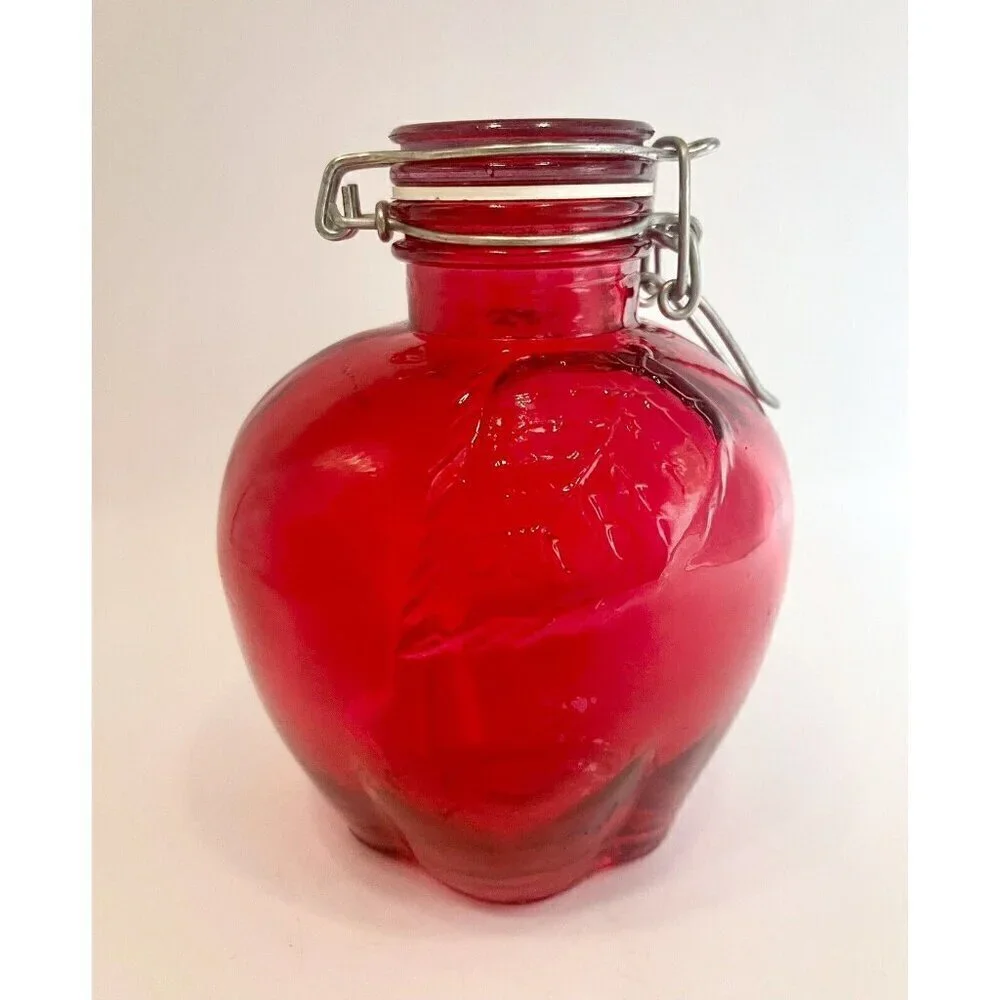 Cherry Red Glass Apple Canister 5.5” Jar with Wire Bail Lid Food Storage Craft
